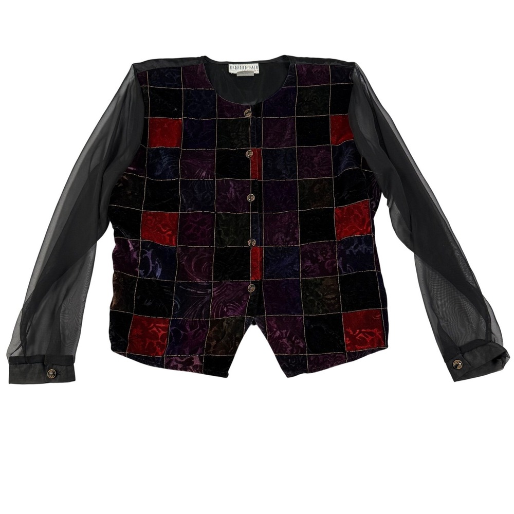 Bedford Fair Vintage Velvet Patchwork Sheer Sleeve Blouse Jewel Tone Size 16